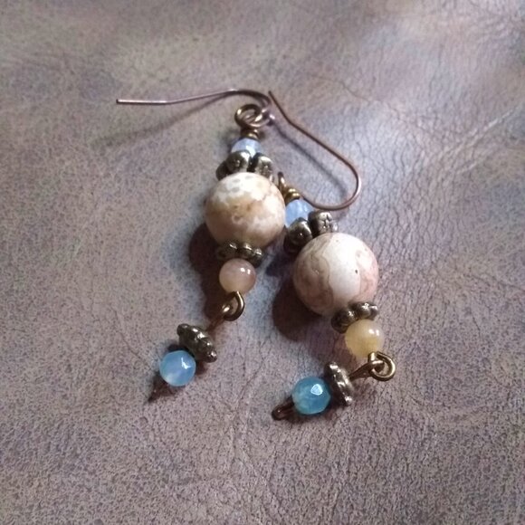 Handmade OOAK Dangle Earrings - Semi-Precious Stone Beads - Neutral Boho Colors - Picture 4 of 10